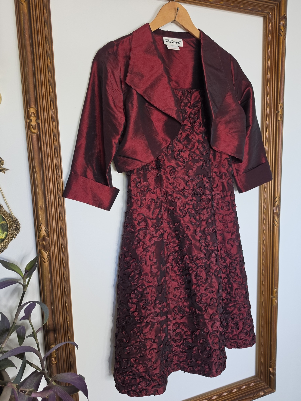 Iridescent Dark Red Embroidered Cocktail Dress with Matching Jacket